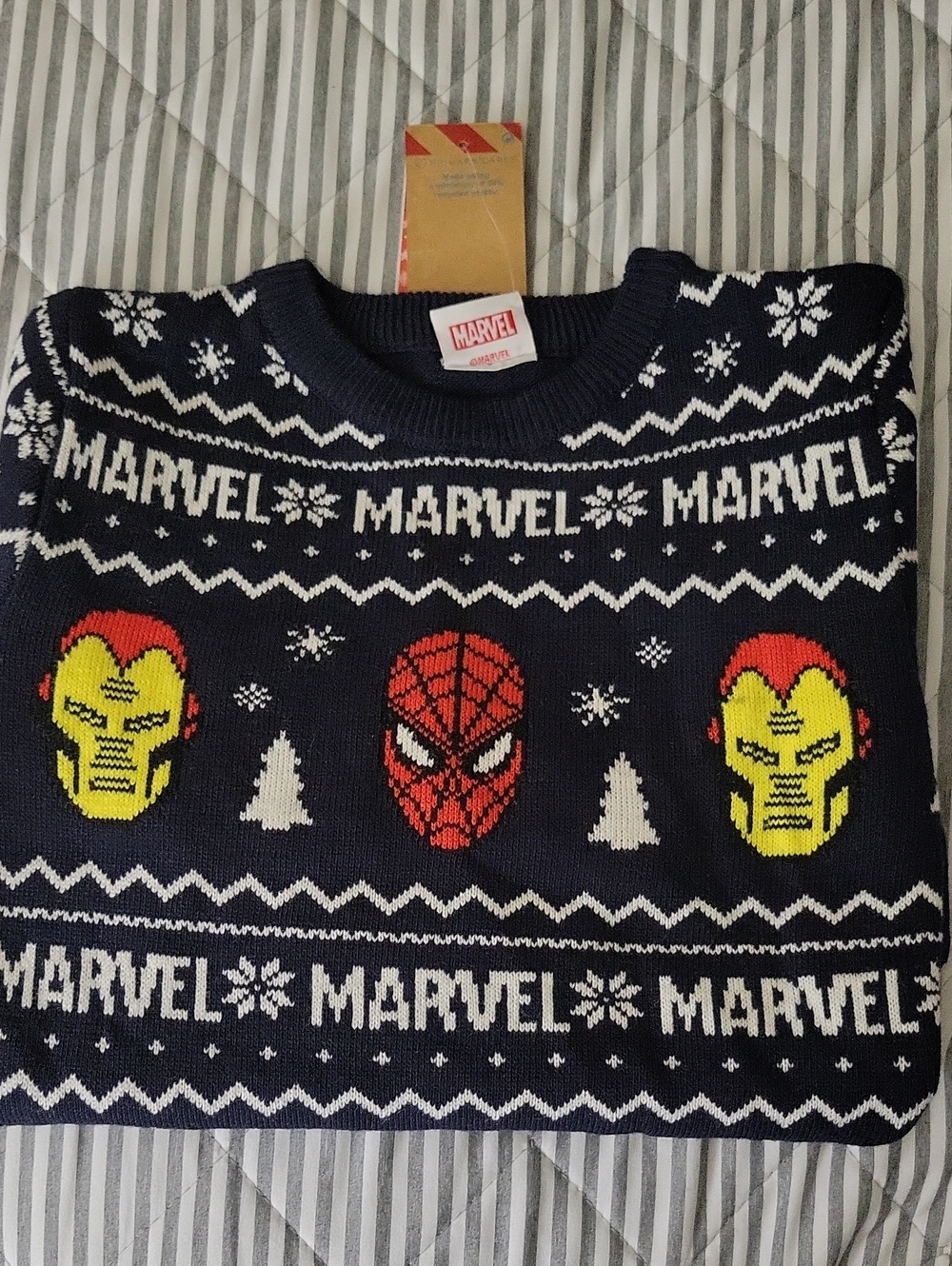 Marvel Boy's Navy Blue Sweater with Spider-Man and Iron Man Motifs